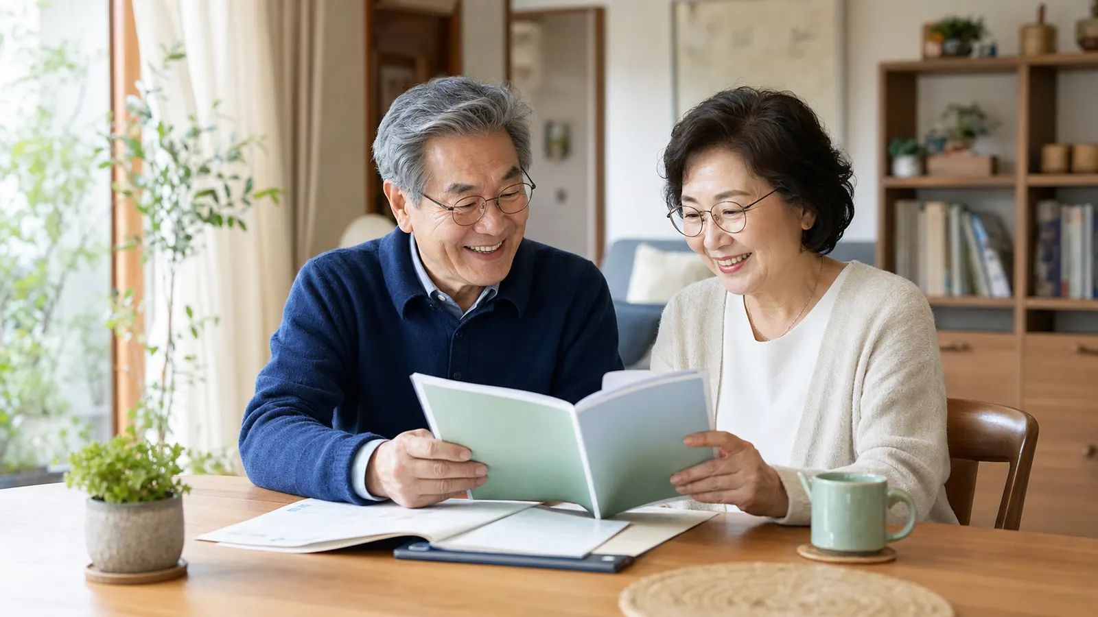 정부 혜택 안내 책자를 함께 보며 밝게 웃는 한국 어르신들