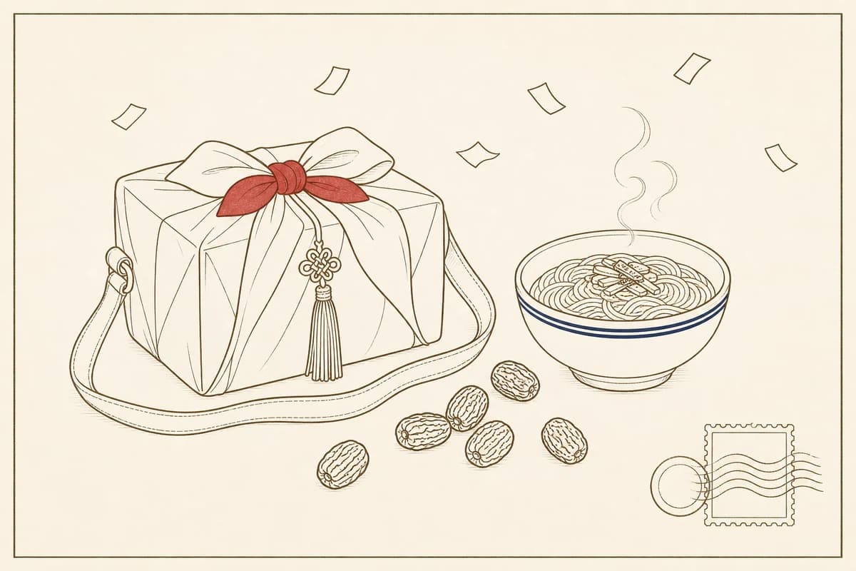 혼례 함과 잔치국수 한 그릇, 대추를 그린 혼례 잔칫날 일러스트