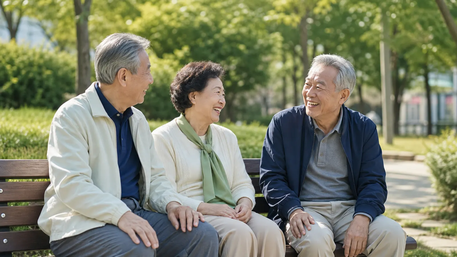 공원에서 환하게 웃으며 함께 시간을 보내는 한국 어르신들