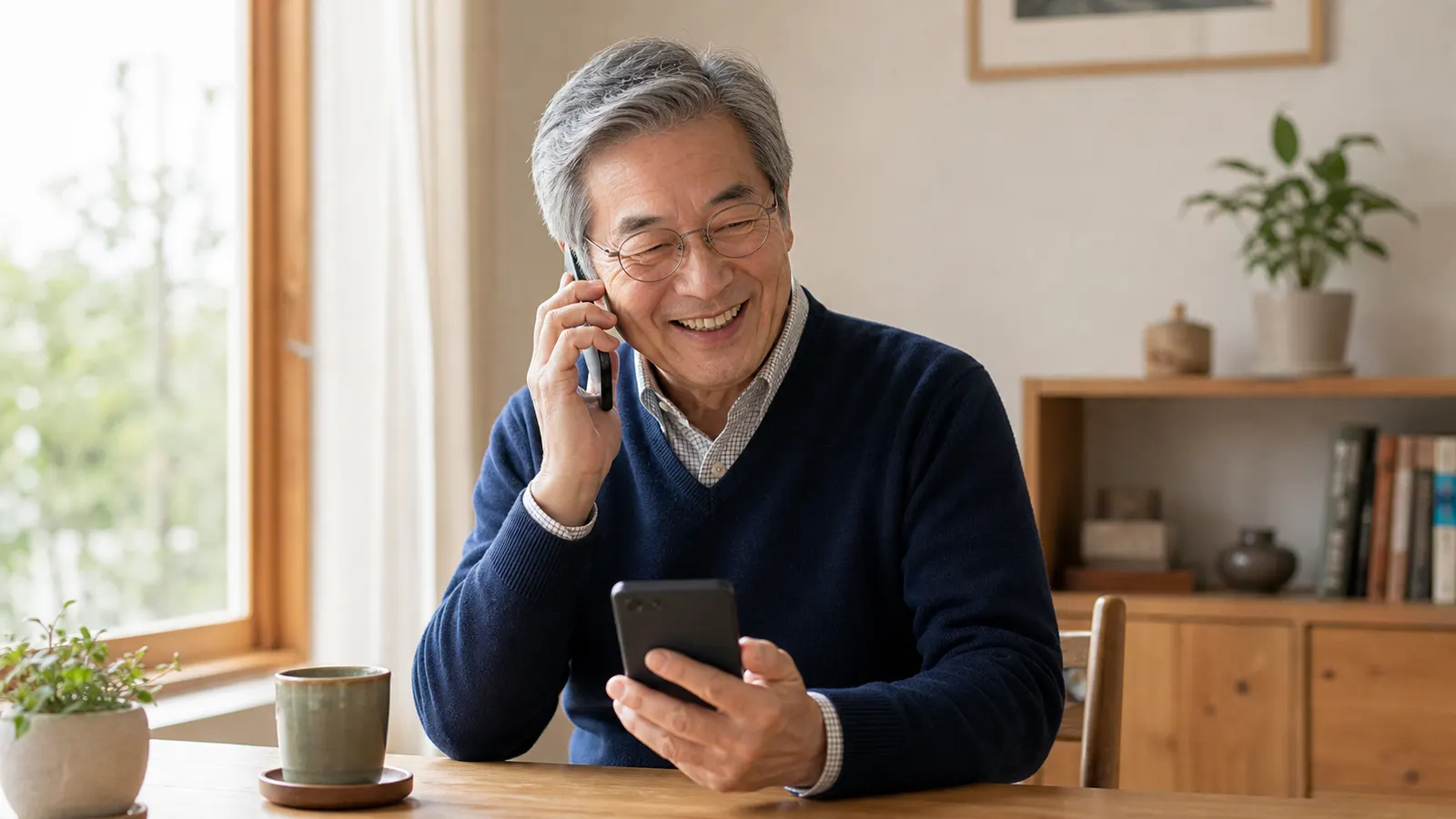 스마트폰을 보며 즐겁게 이야기하는 한국 어르신