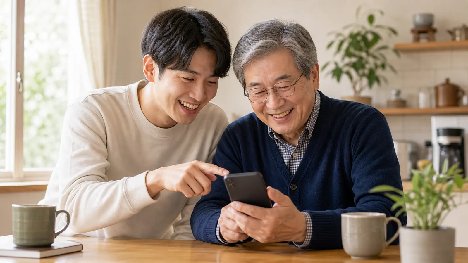 가족과 함께 스마트폰을 보며 안심하고 웃는 한국 어르신